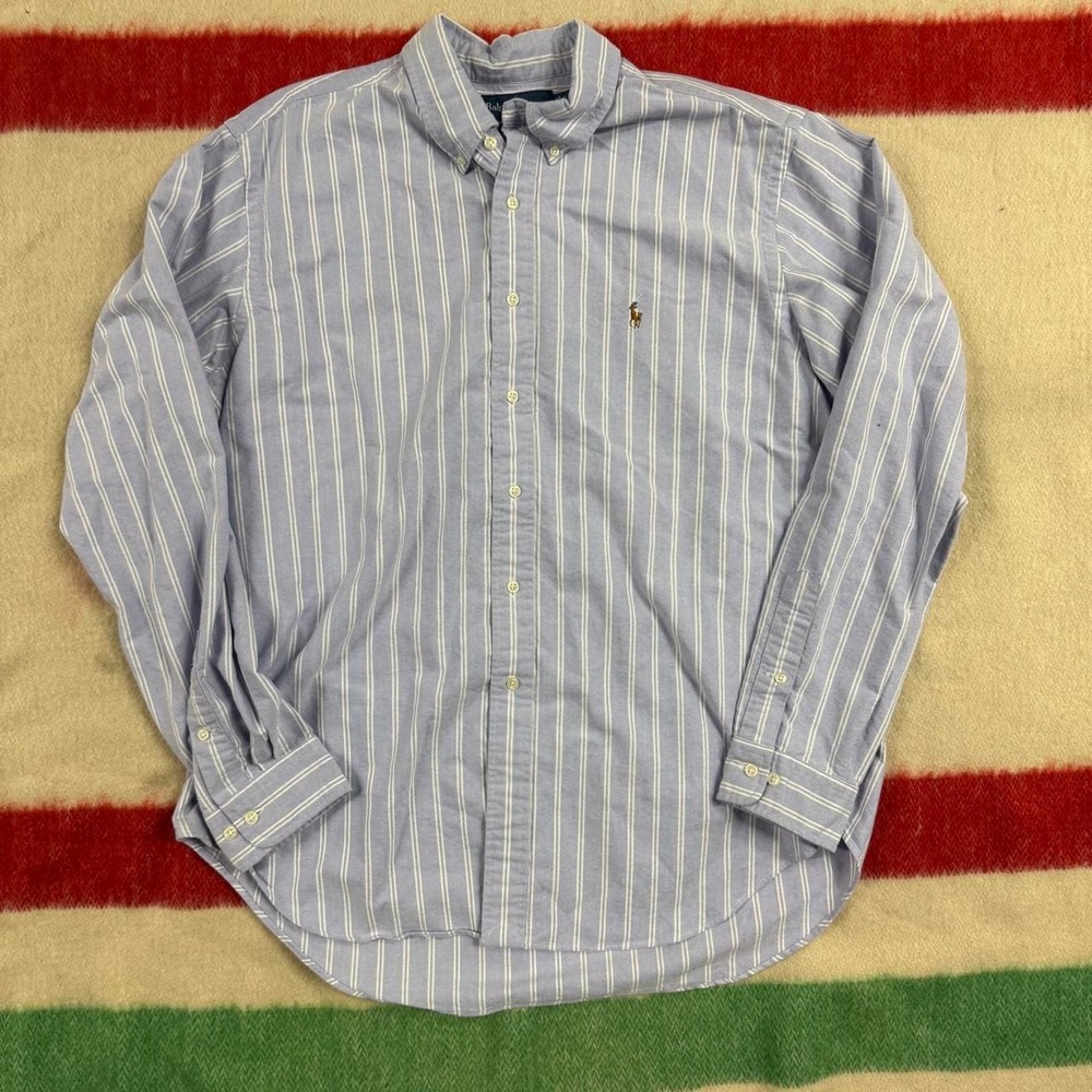 Vintage Ralph Lauren Oxford Shirt Mens 17.5 Blue Striped Classic Fit Pony 90s